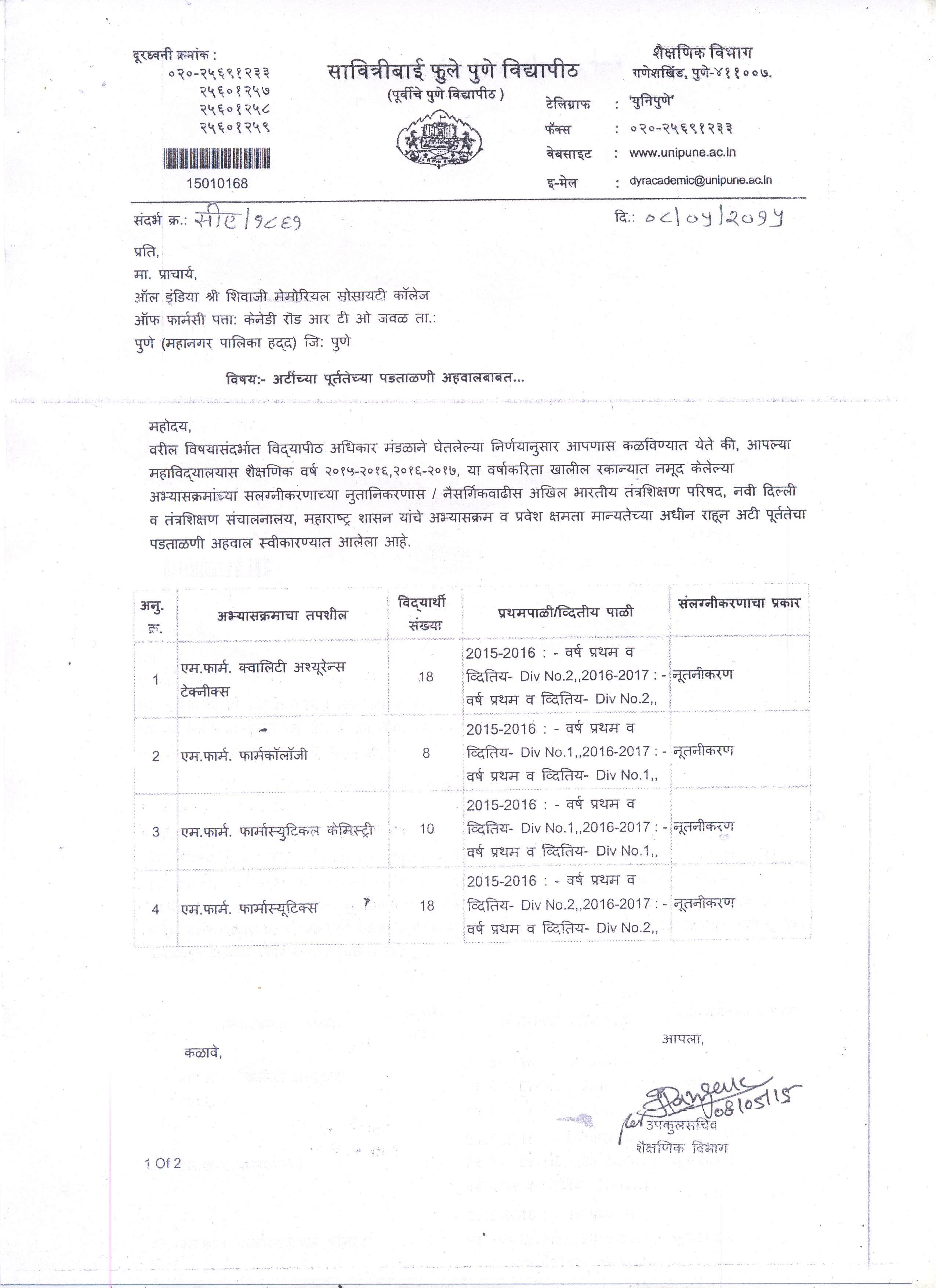 Affiliation letter One of the best pharmacy college in Pune